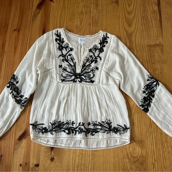 MISA Stella Ivory Black Embroidered Cotton Boho Gauze Blouse Top Women’s SIZE SM - Picture 4 of 10